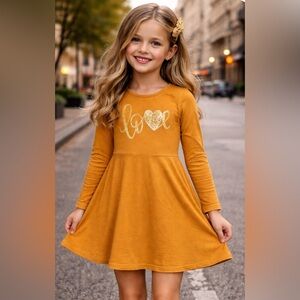Btween Girls Fall Love Gold Sparkle Dress Sz 7 Guc Long Sleeve Orange